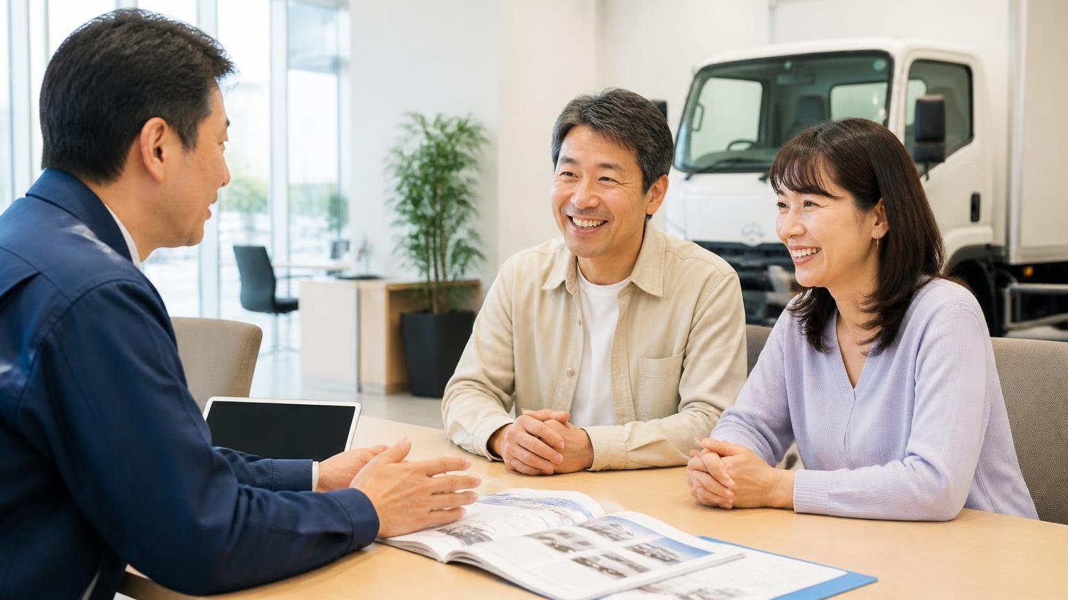 「対応が丁寧で安心感がある」という声が多い(トラック販売店の商談スペースで、スタッフの説明に客の夫婦がほっとした笑顔を見せる)