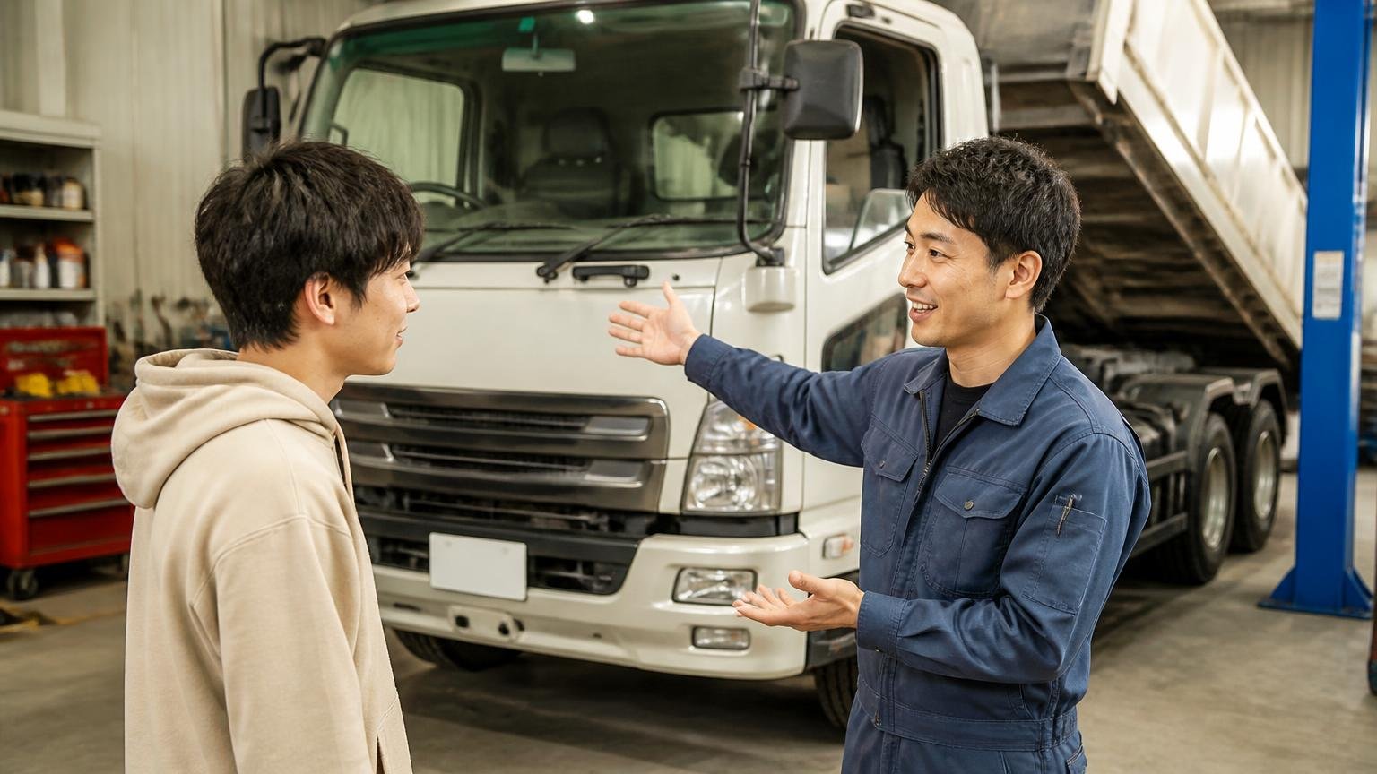トラックに詳しくない人にも丁寧に説明してくれた、車庫のダンプの前で作業着の男性スタッフが20代男性客に身ぶりで説明する場面2人