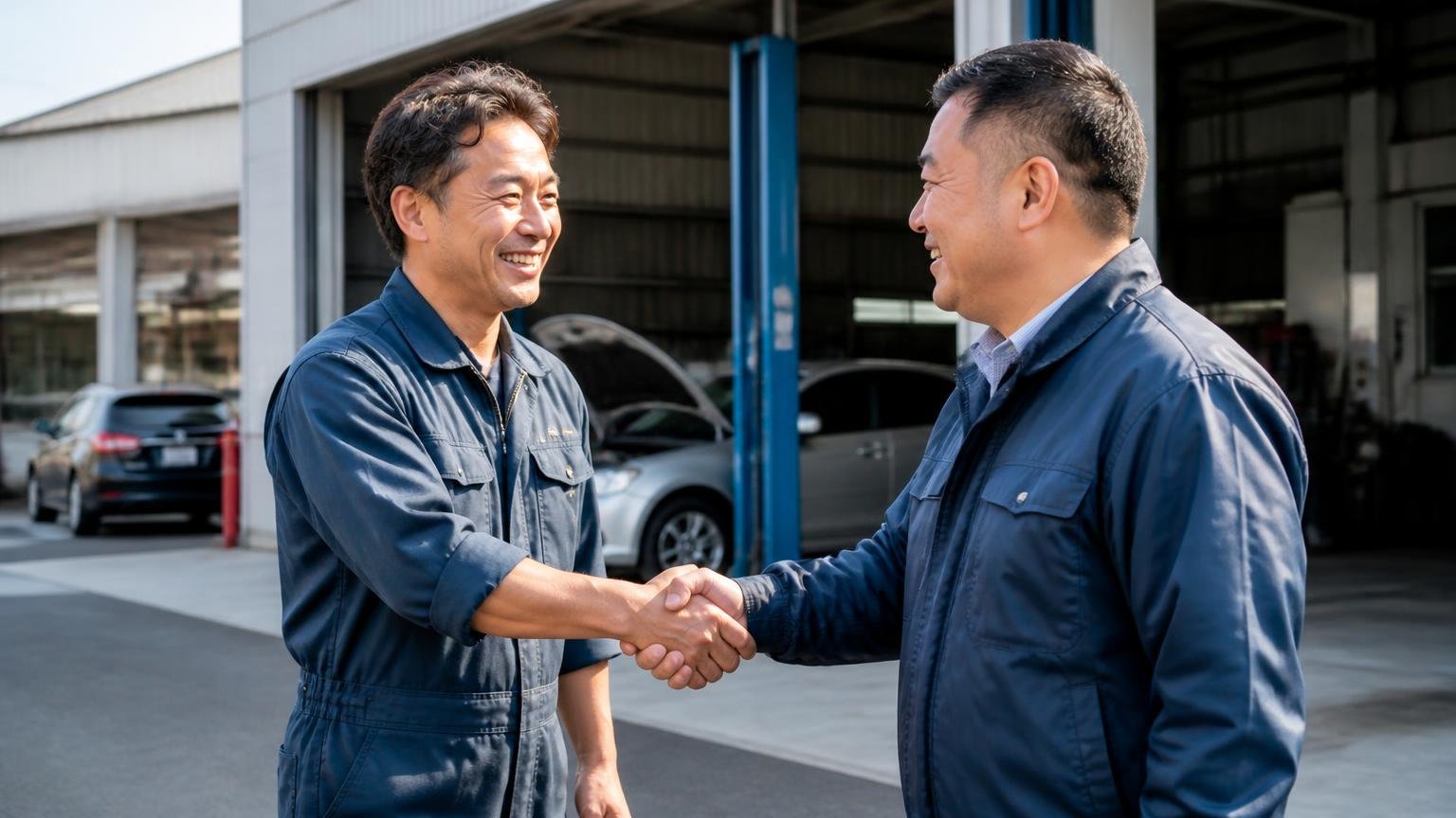 「頼りになる車屋さん」「社長が親切、丁寧」という常連客の声(整備工場の前で、作業着の男性2人が笑顔で握手を交わす)