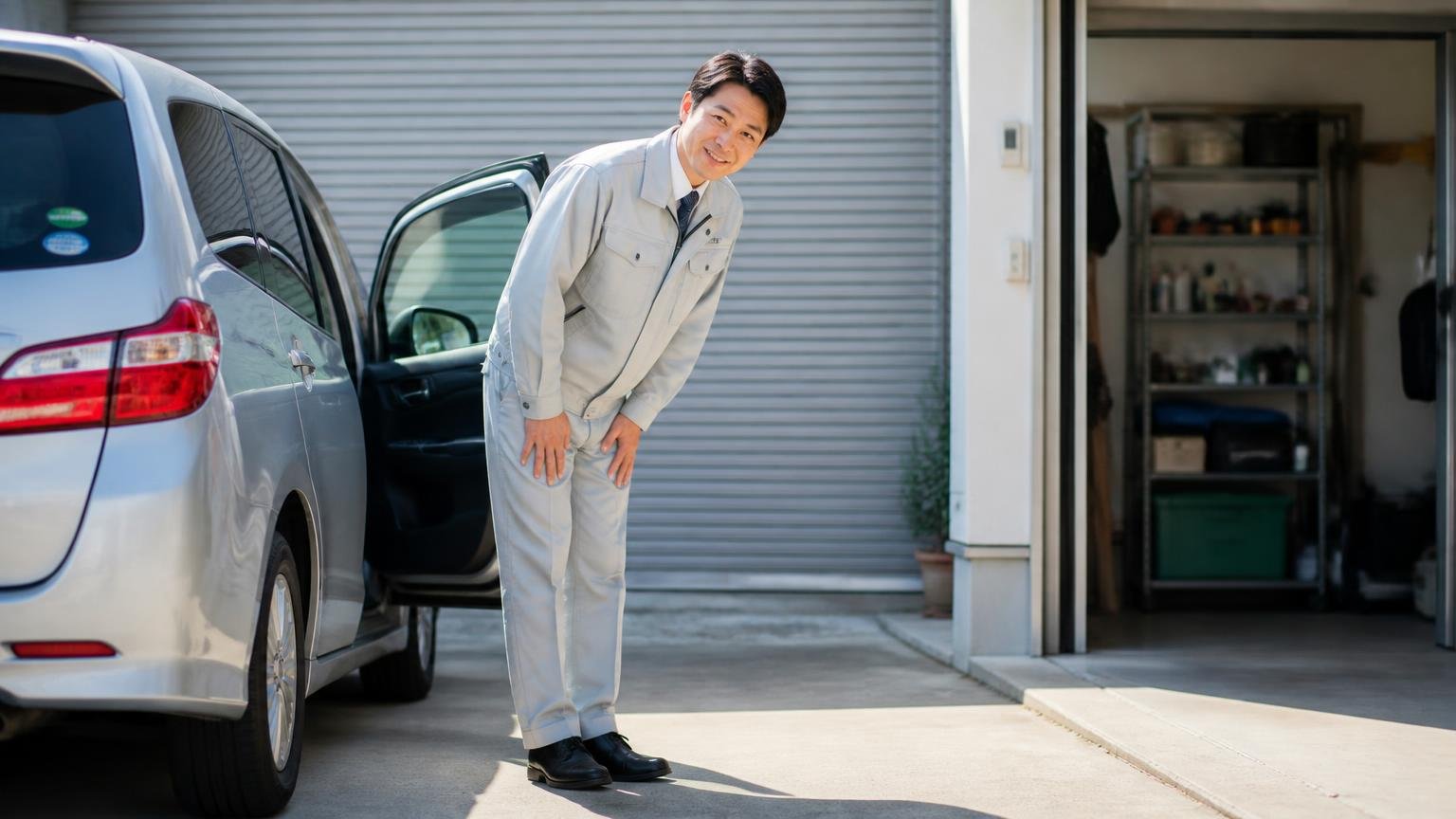 良い口コミ｜「丁寧な対応には感謝します」から読み取れること、車庫の前で送迎の車を降りて会釈する作業着の男性、ほっとした笑顔