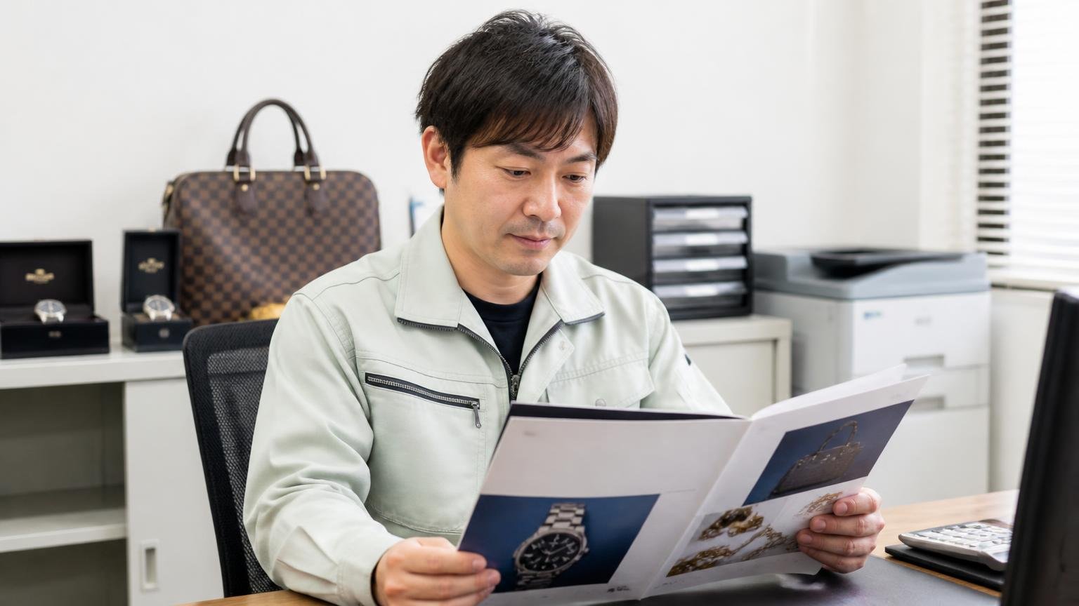 会社概要｜2001年設立・古物商許可・取引オークション6団体（確認日：2026年9月14日）｜販売店の事務所で会社案内を広げる作業着の男性1人が落ち着いた表情