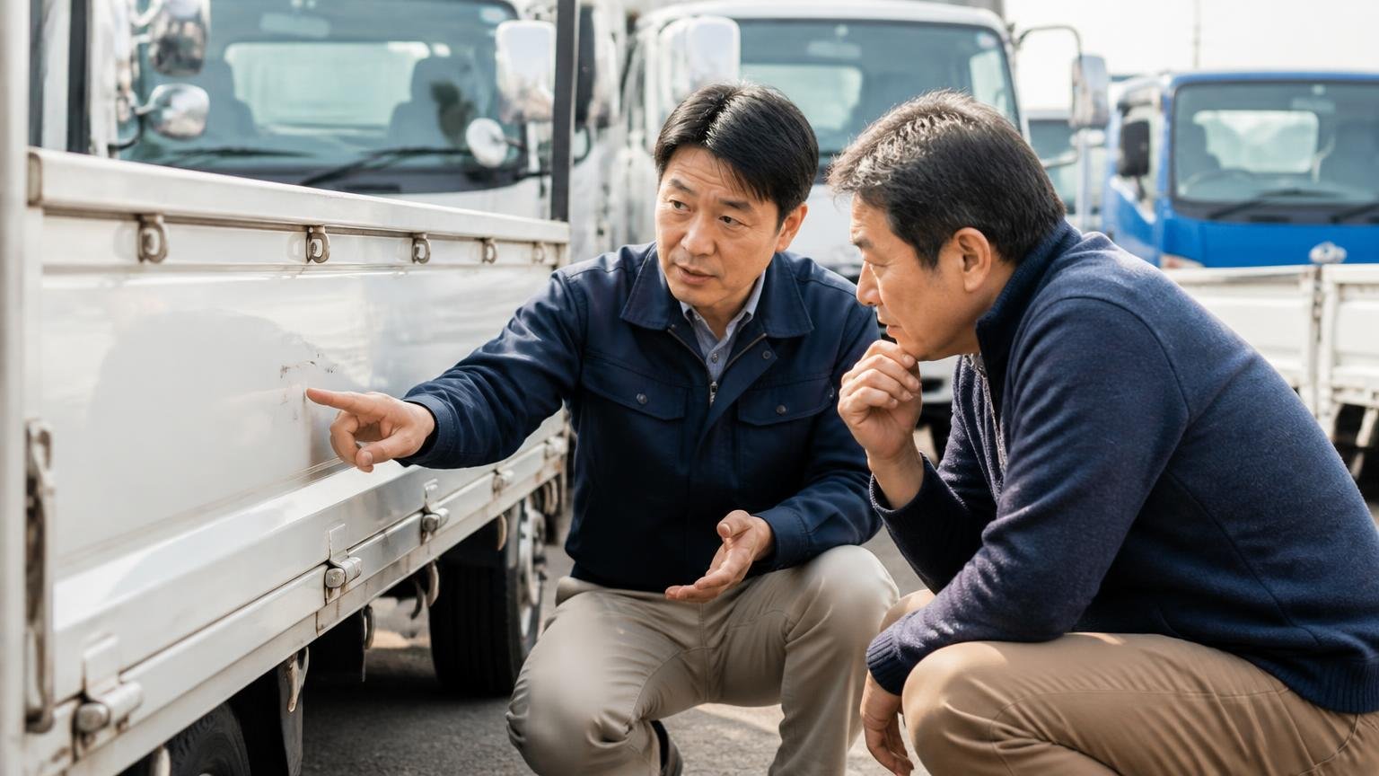 「小さな傷まで教えてくれる」車両の説明が誠実という声、中古トラック展示場で荷台の小さな傷を指さして説明する店員と深くうなずく購入客の男性2人