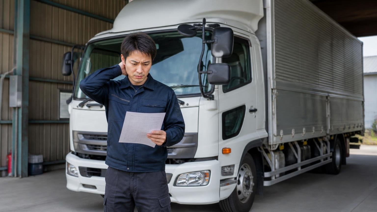 1社だけでは金額の妥当性が分からない理由 車庫に停めた4tウイングの前で見積書を持ちため息をつく男性1人