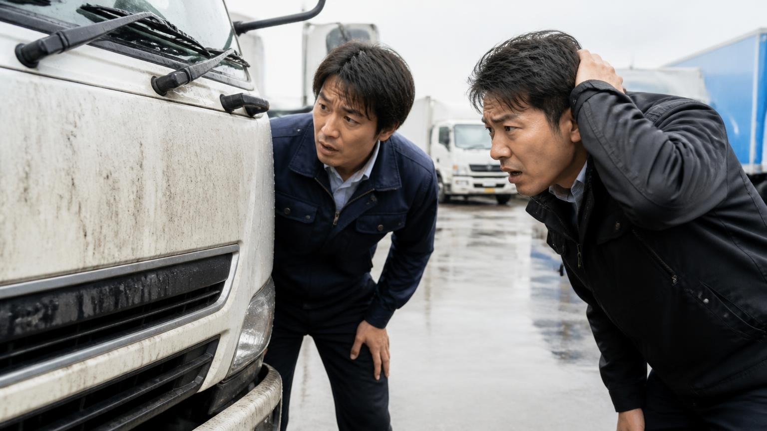 写真と現車のギャップ 雨の展示場で入荷直後の汚れたトラックを覗き込む男性2人 困惑
