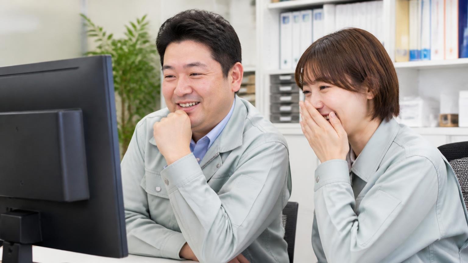 販売店からの返信に会社の人柄が出ている 事務所でパソコン画面の口コミ返信を読んで笑う男女2人