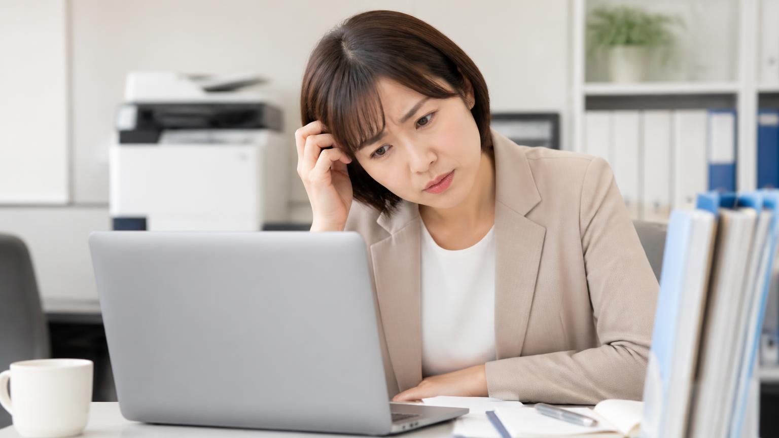 公式サイトに「買取の条件」がほとんど書かれていない 事務所のデスクでパソコン画面をのぞき込み首をかしげる女性1人