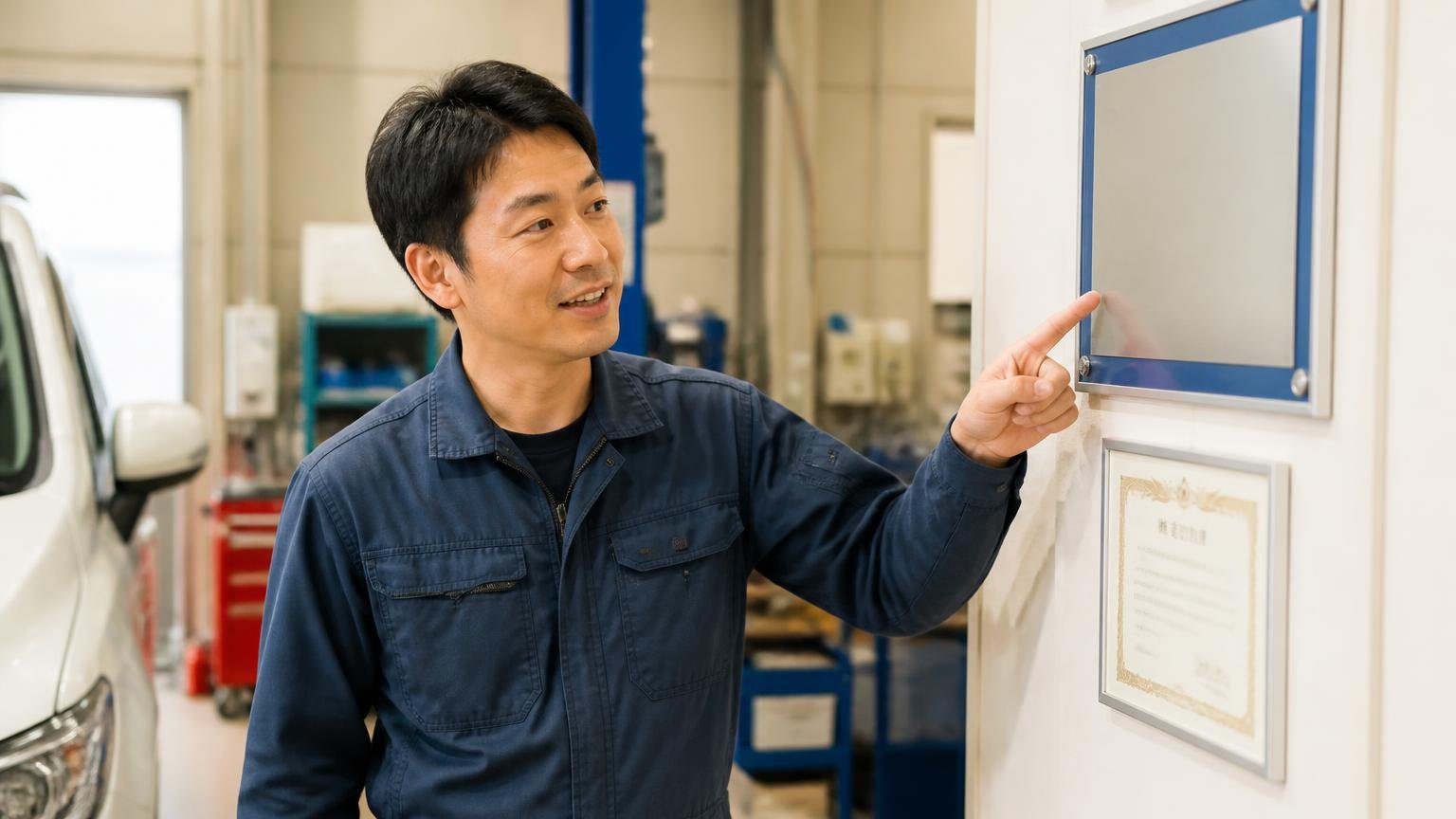 国の認証を受けた設備を持っているか。整備工場の壁の認証票を、作業着の男性が指さして説明する