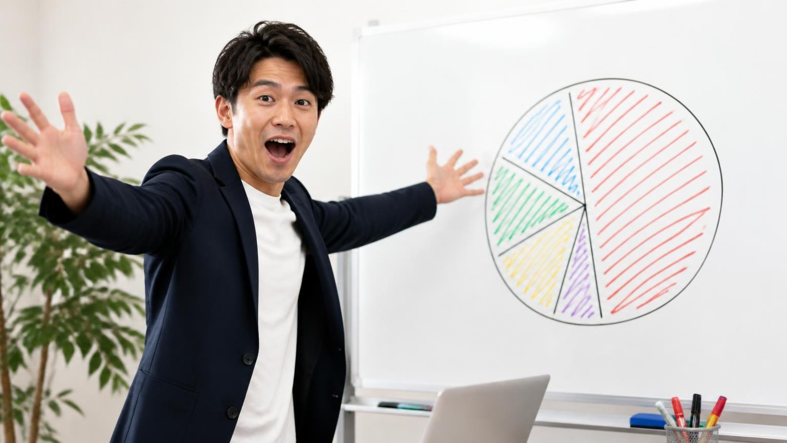 5件の投稿者属性を分けると買った人に偏っていた／事務所のホワイトボードに円グラフを描いて説明する男性1人／大きく手を広げて強調