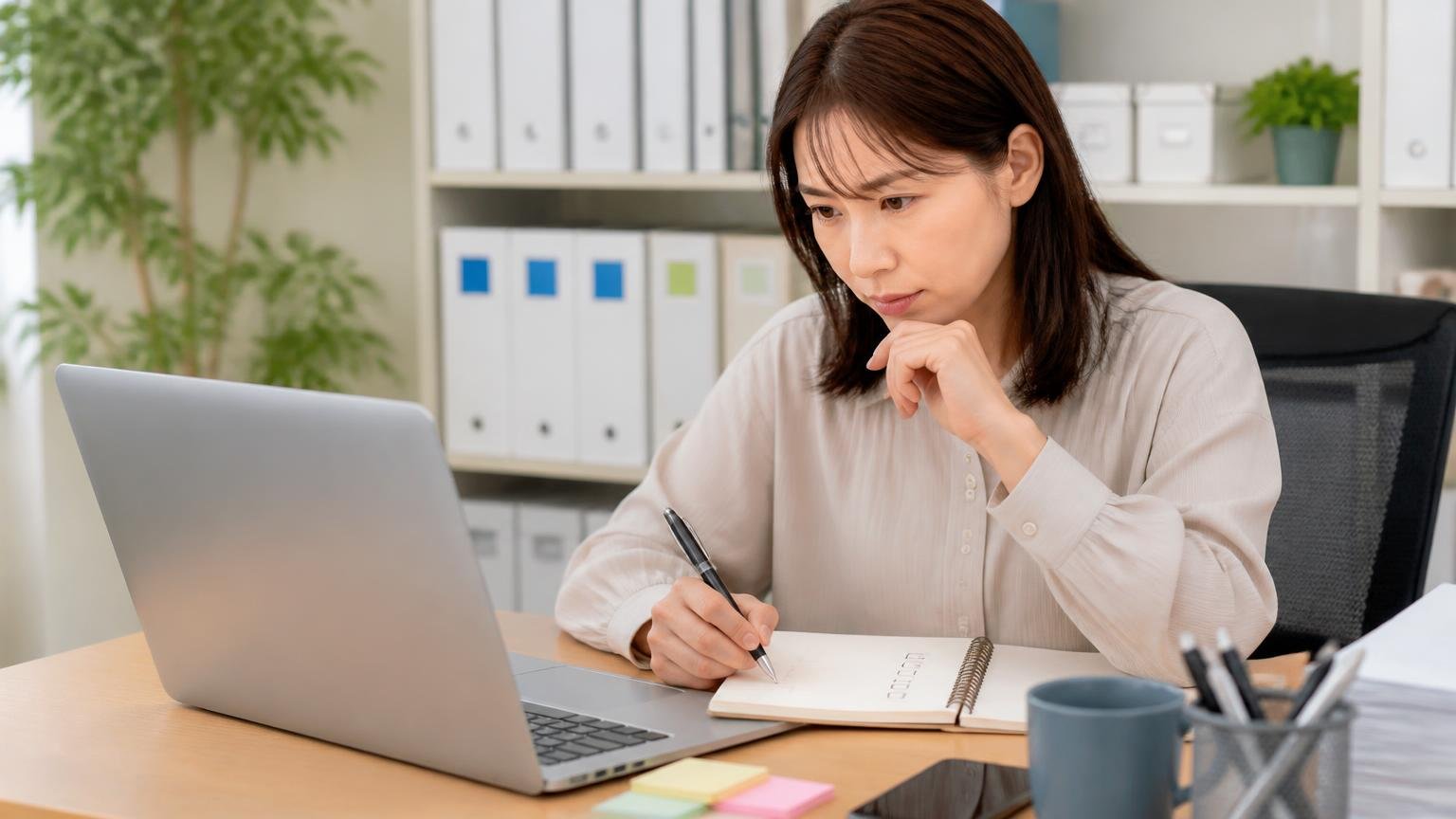 買取について公式サイトに書かれていること・書かれていないこと 事務所の机で女性1人がパソコン画面を見ながらメモに確認項目を書き出す