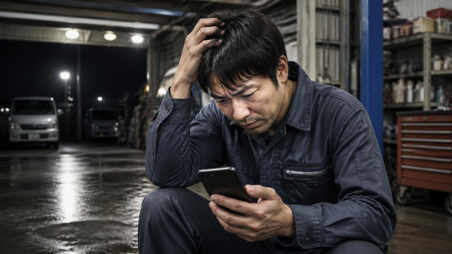 悪い口コミ:★1〜★3は6件、理由はどれも書かれていません 夜の車庫でスマホを見ながら頭を抱える作業着の男性1人