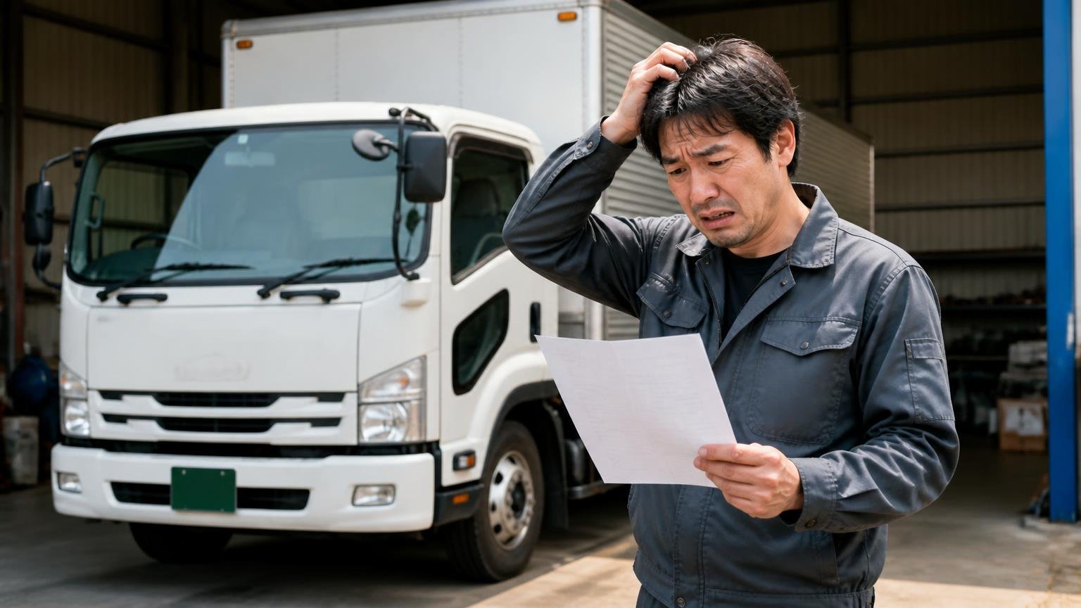 評判をどれだけ調べても、査定額が高いか安いかは分からない 車庫の4tトラックの前で見積書を手にした男性1人が頭を抱える