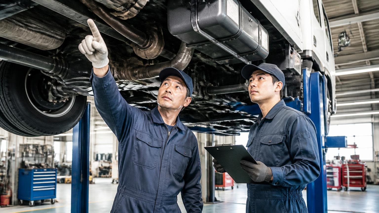 「民間車検場(指定工場)」は国の基準を満たした整備工場 整備工場でトラックの下回りを点検する整備士2人、指さし確認