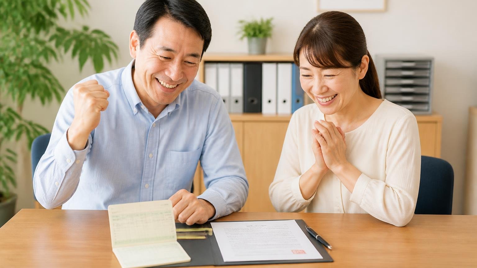 代金の支払いが先で書類がスムーズという安心材料、事務所の机で通帳と譲渡書類を並べて男女2人がほっとした表情を見せる