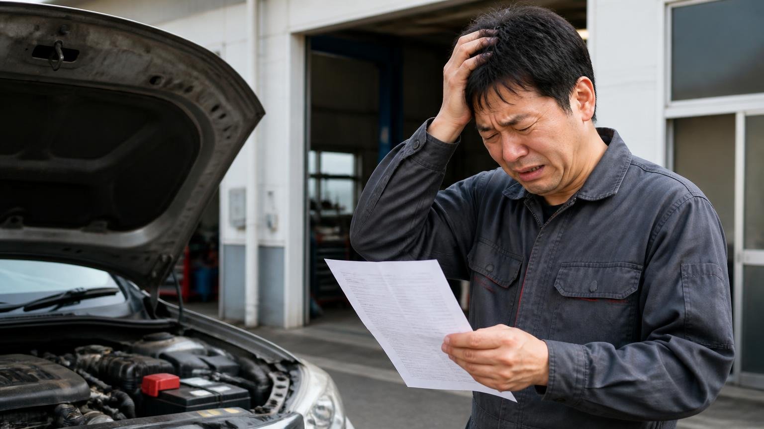 悪い口コミ|購入した車の故障と、修理見積もりへの不満 整備工場の前で請求書を見て頭を抱える作業着の男性1人