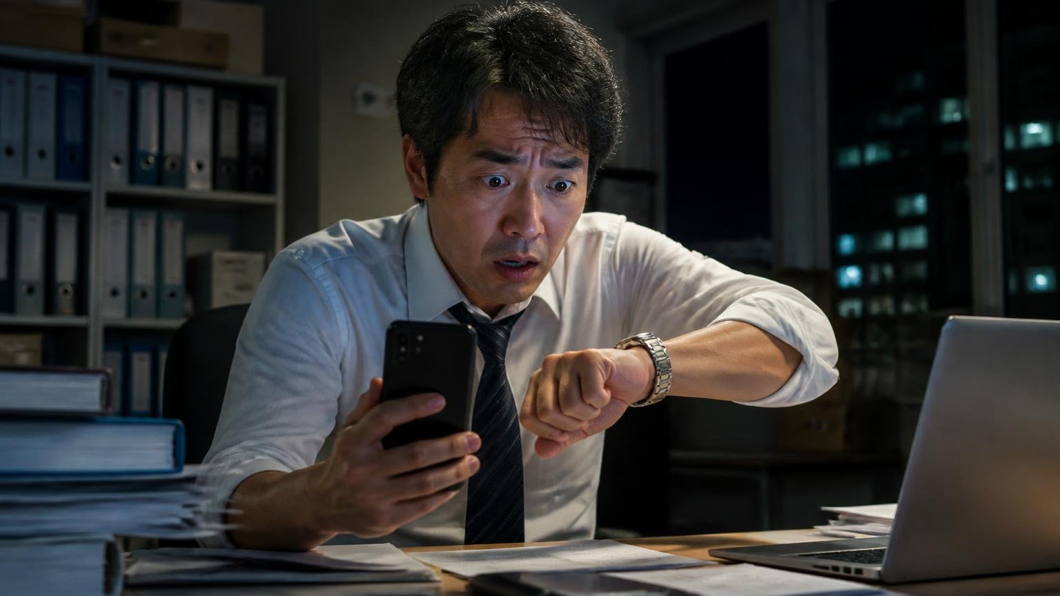 向いていない人|夜や日祝に申し込みたい人、現金化を急ぐ人。深夜の事務所で男性1人が時計を見て焦った顔でスマホを握る