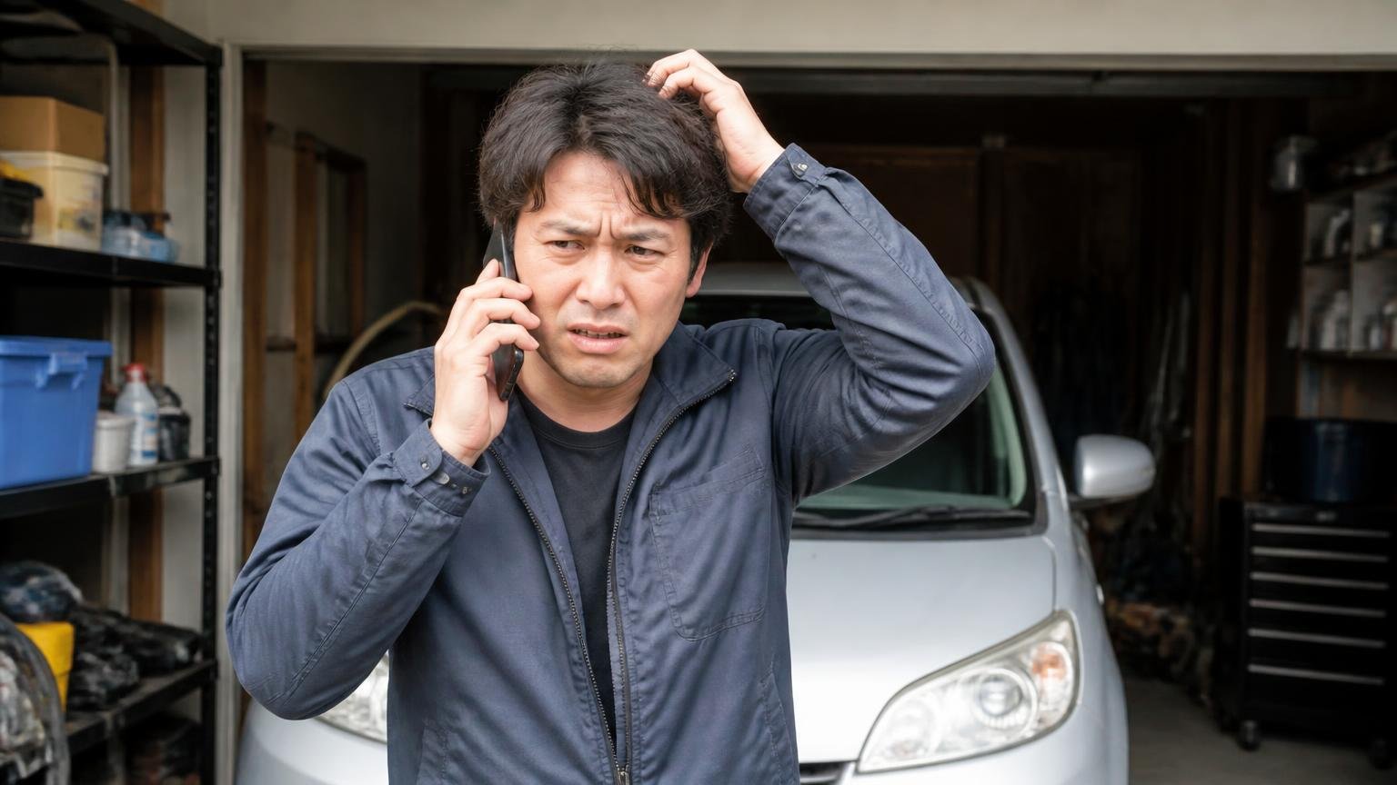 向いていない人|土日しか動けない人・条件を先に確かめたい人 休日の車庫で、男性1人がスマホを耳に当て困った顔で頭をかいている
