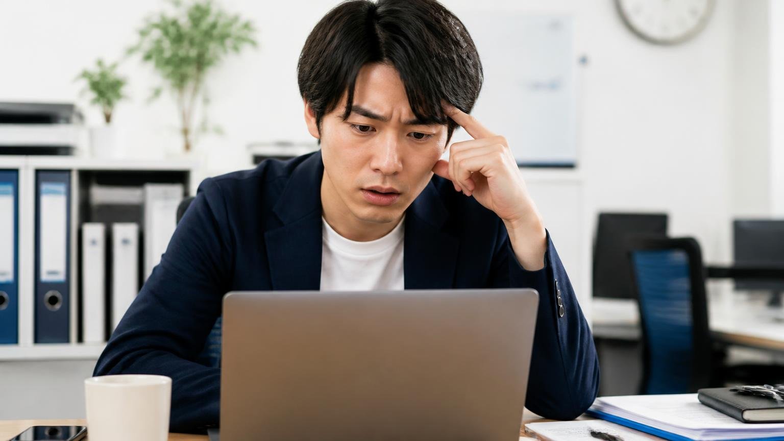 希望価格が必須項目で相場を知らずに書くと上限を自分で決めてしまう、事務所でノートパソコンの入力画面の前で悩む20代男性1人