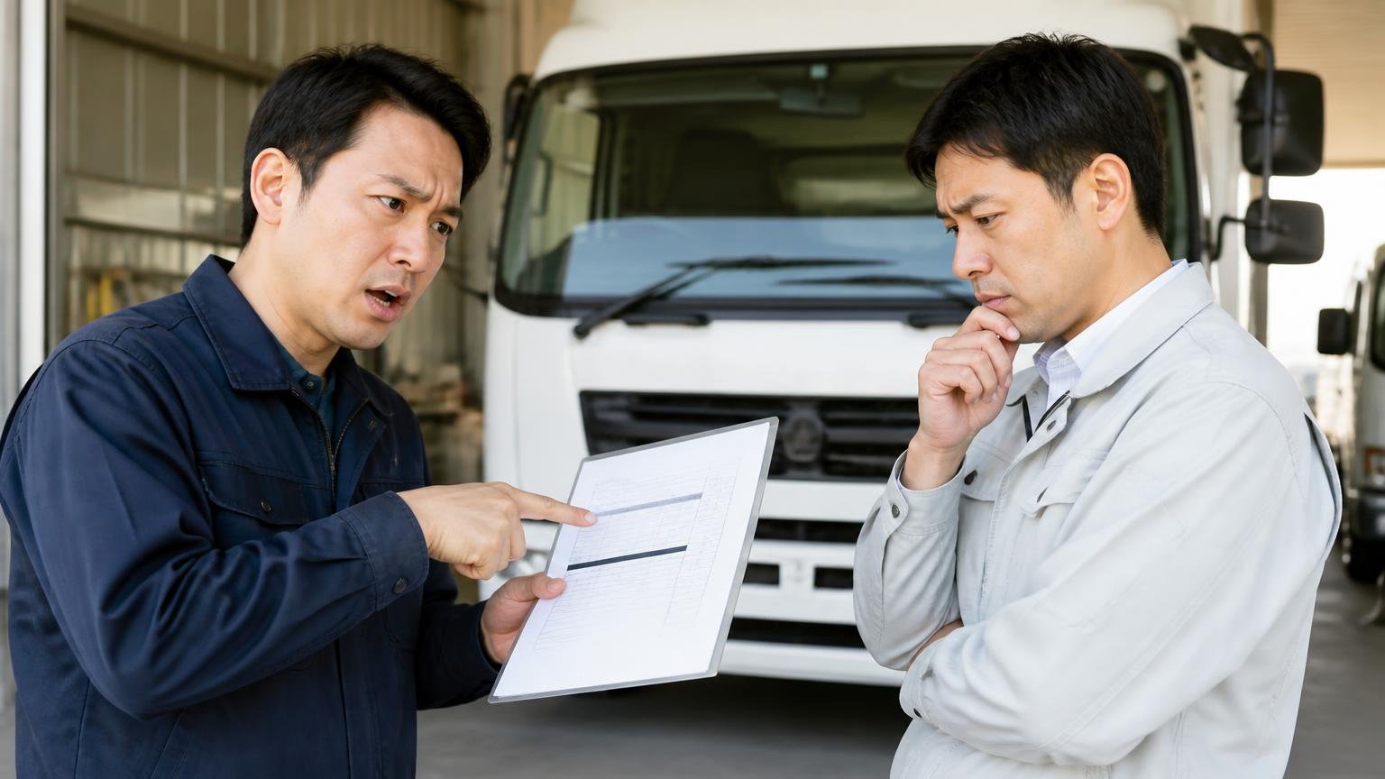 電話で聞いた金額より下がったを防ぐたった1つの質問 車庫の4t前 男性2人 見積書を指さし質問する