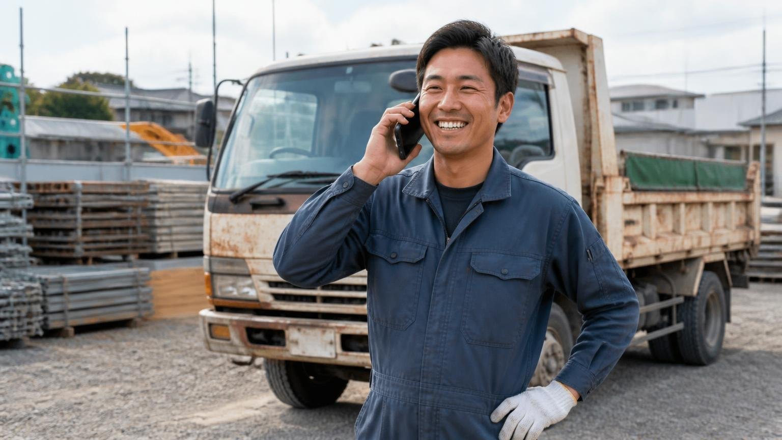 名古屋近郊で特装車を持つ人に向いている、建設会社の資材置き場で古いダンプの前に立ち笑顔で電話をかける作業着の男性1人
