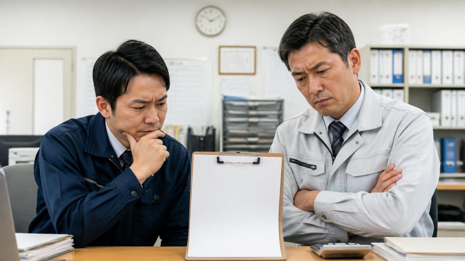 金額の悪評はゼロ。でも「売った人の声もゼロ」が意味すること。運送会社の事務所で白紙の査定書を前に腕を組んで考え込む事務担当と査定士の2人