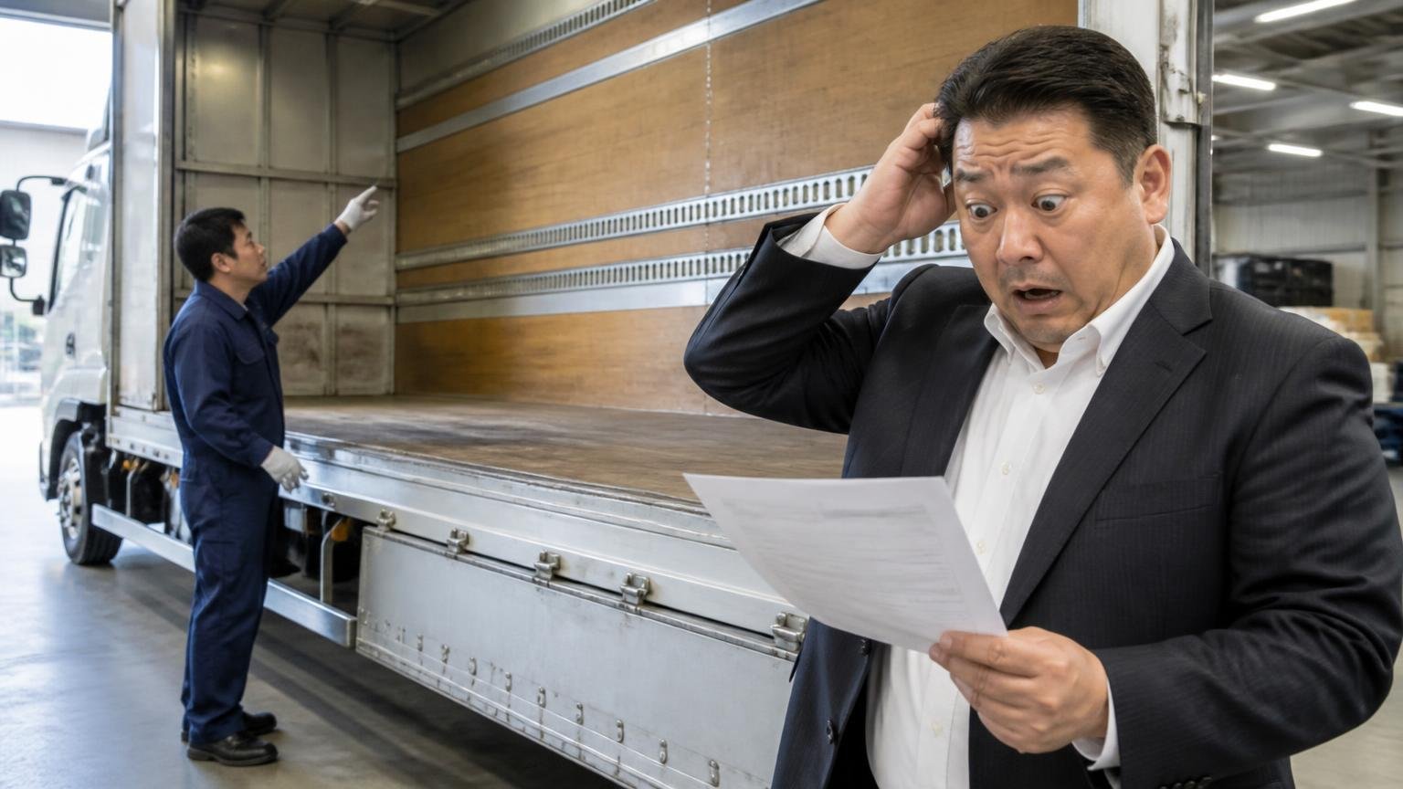 「電話で聞いた金額より下がった」が起きる仕組み 車庫で4tウイングの荷台を確認する査定士1人と、見積書を見て驚く運送会社の社長1人