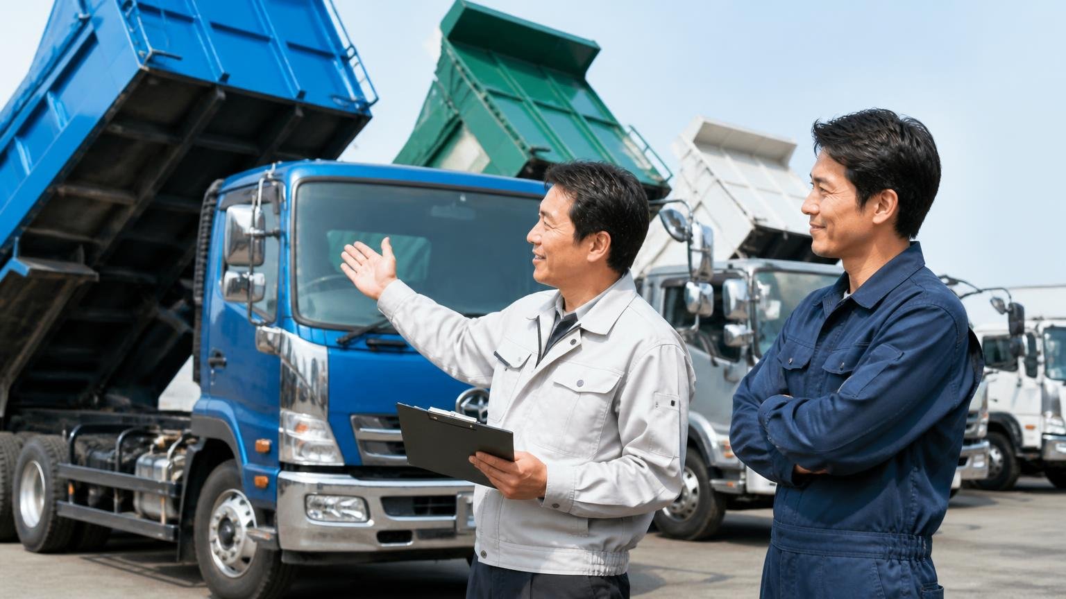 得意な車種と「売り先」が自分のトラックに合っているか トラック展示場でダンプを見比べる査定士と事業者の男性2人 うなずく表情
