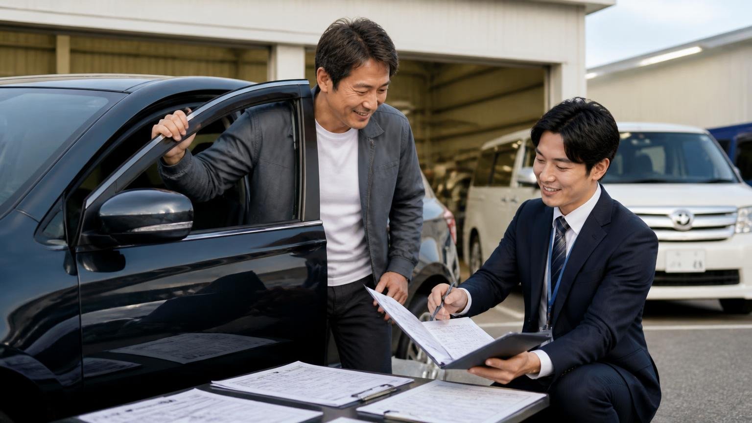 買取の流れは5ステップ、早朝の車庫で運転席のドアを開ける男性と査定員が書類を広げる場面