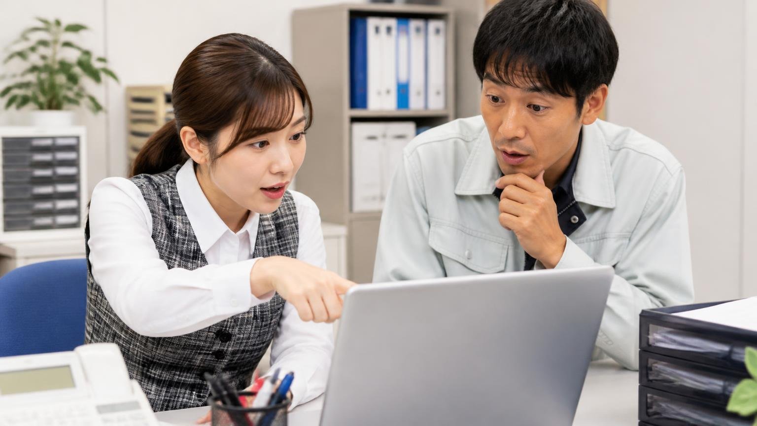 「青森県が対応エリア」と公式に書いてあるかを確かめる｜事務所でパソコンの業者サイトを指さしながら確認する女性事務員と男性ドライバーの2人