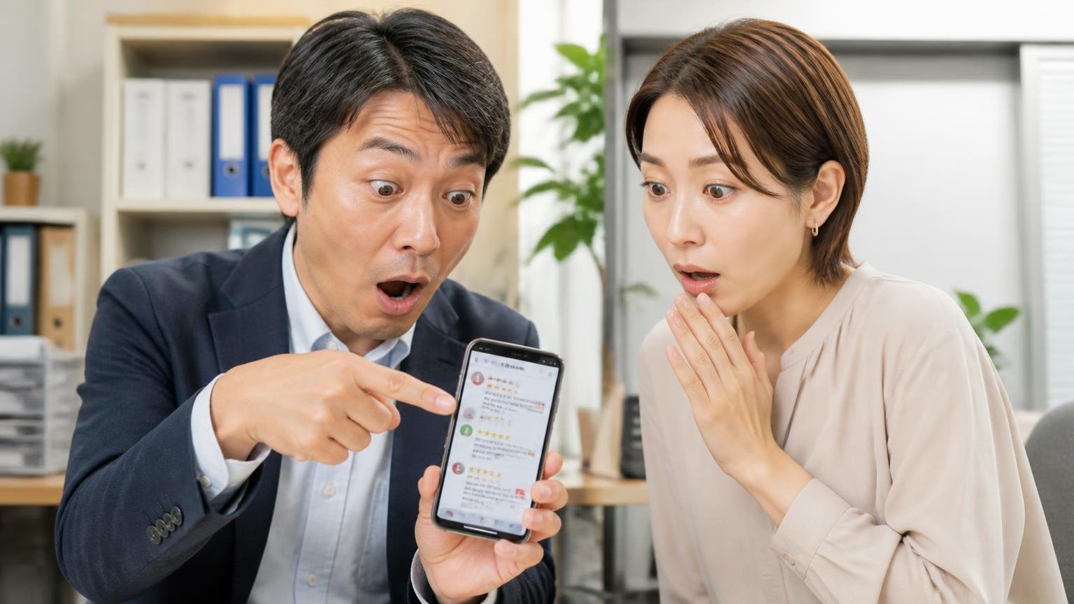 同じ業者でも「高かった」「安かった」が並ぶ|だから1社では決めない 事務所でスマホの口コミ画面を見せ合う40代男性と30代女性が驚いた表情
