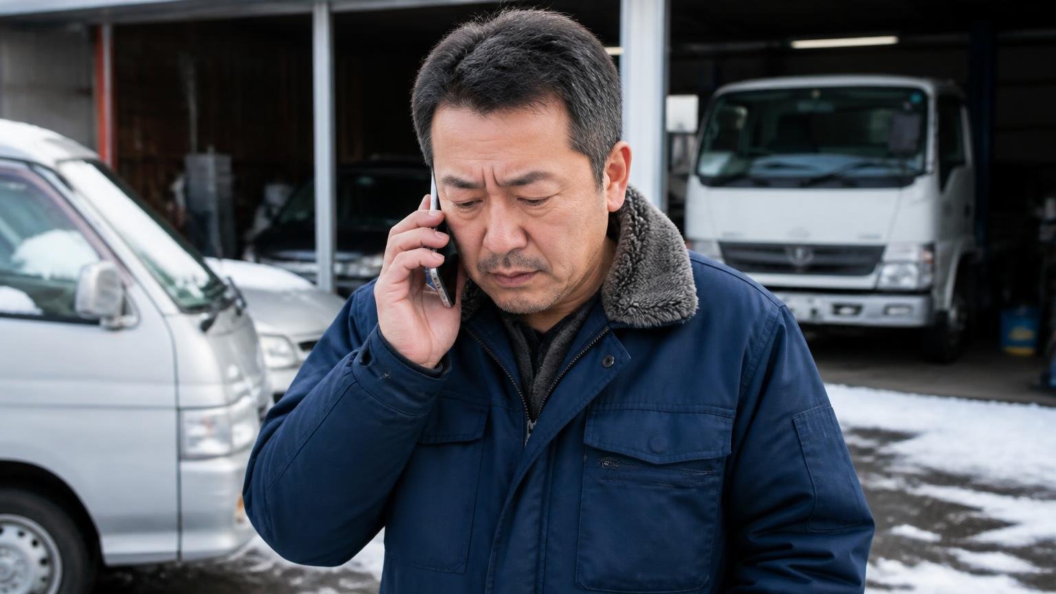 浜通り・中通り・会津で来てくれるか得意な車種かを確かめる、雪の残る車庫の前で電話をかける50代男性の真剣な表情
