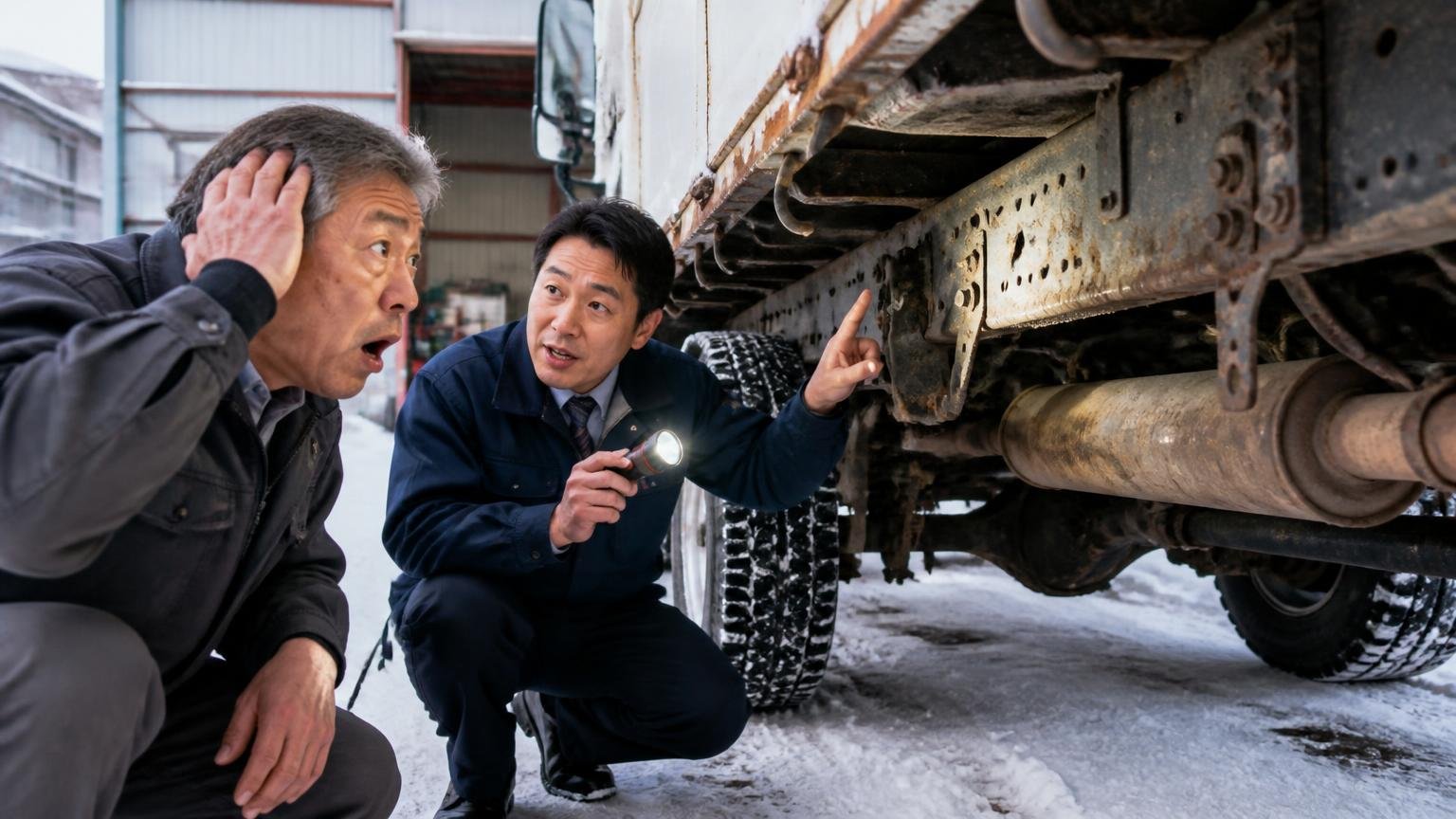 雪国のサビは「程度しだい」、廃車と決めつけなくていい|冬の車庫でトラックの下回りをライトで照らし驚く50代男性と説明する査定員