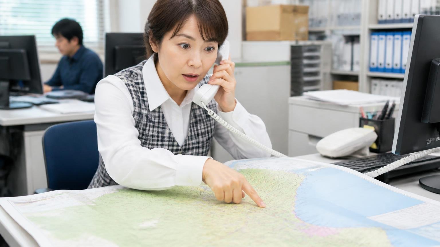 出張査定の対応エリアに自分の地域が入っているか:運送会社の事務所で女性事務員が茨城県の地図を広げ、電話口の相手と確認し合う