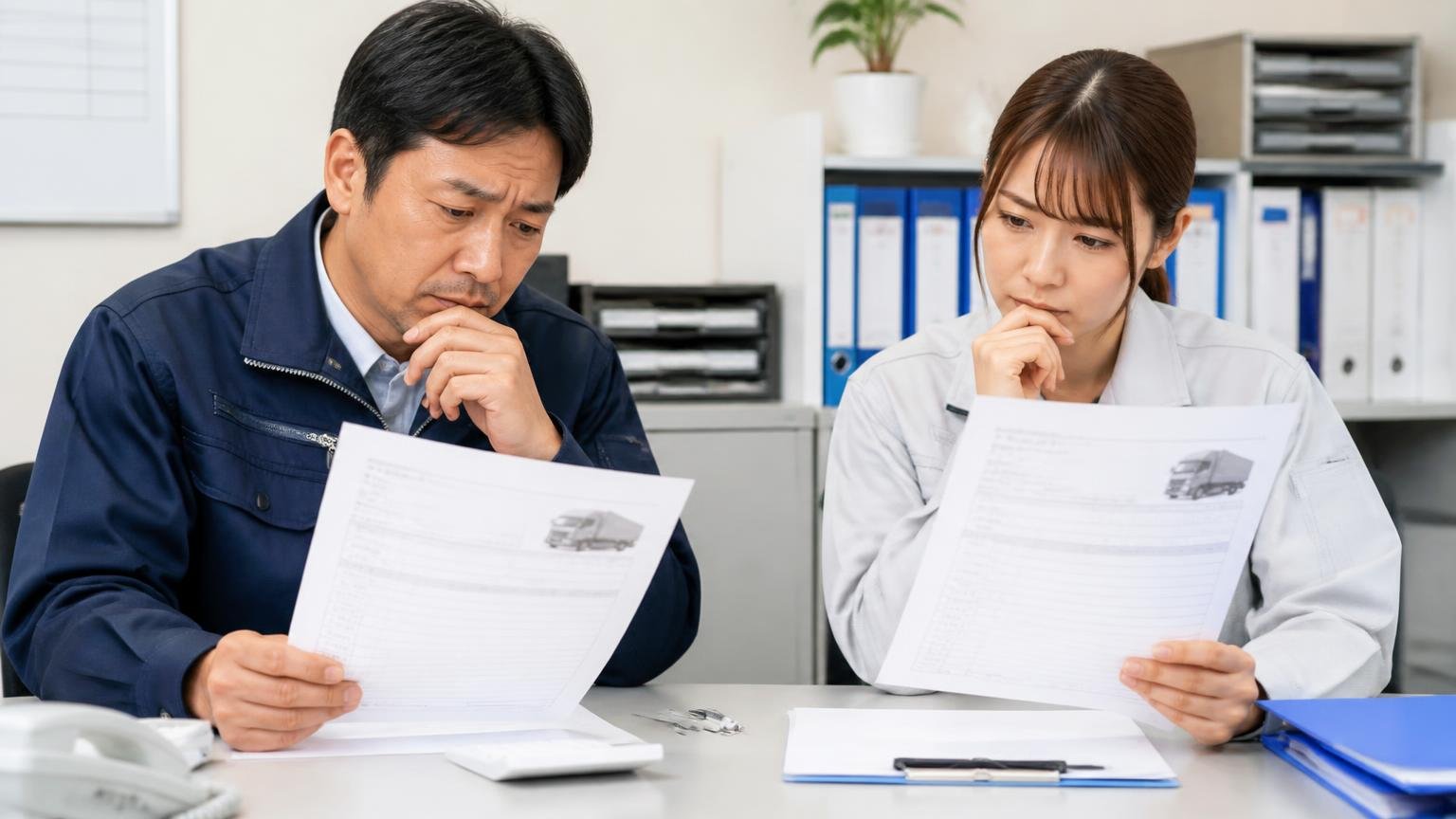地元の業者と全国対応の買取業者は「強み」が違う 事務所で2枚のトラック見積書を見比べて悩む運送会社の男性と女性事務員