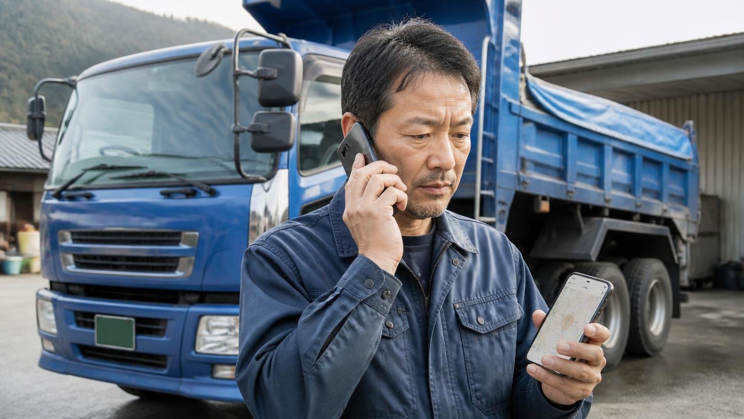 拠点の場所と出張査定の範囲・費用を確かめる、郊外の車庫に停めたダンプトラックの前で地図アプリを見ながら電話で出張範囲を確認する男性1人