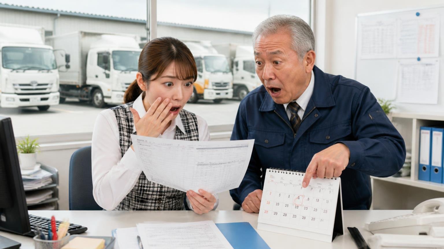 NOx・PM法の猶予期間 運送会社の事務所で車検証とカレンダーを見比べ驚く女性事務員と年配の社長の2人 トラックの車庫が窓の外に