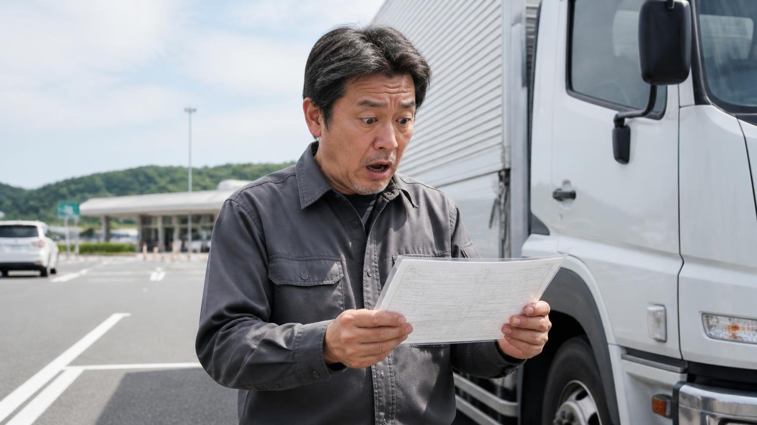 県条例のディーゼル車規制は県外ナンバーでも県内全域が対象、パーキングエリアに停めた4tトラックの横で車検証を確かめて驚く50代男性ドライバー