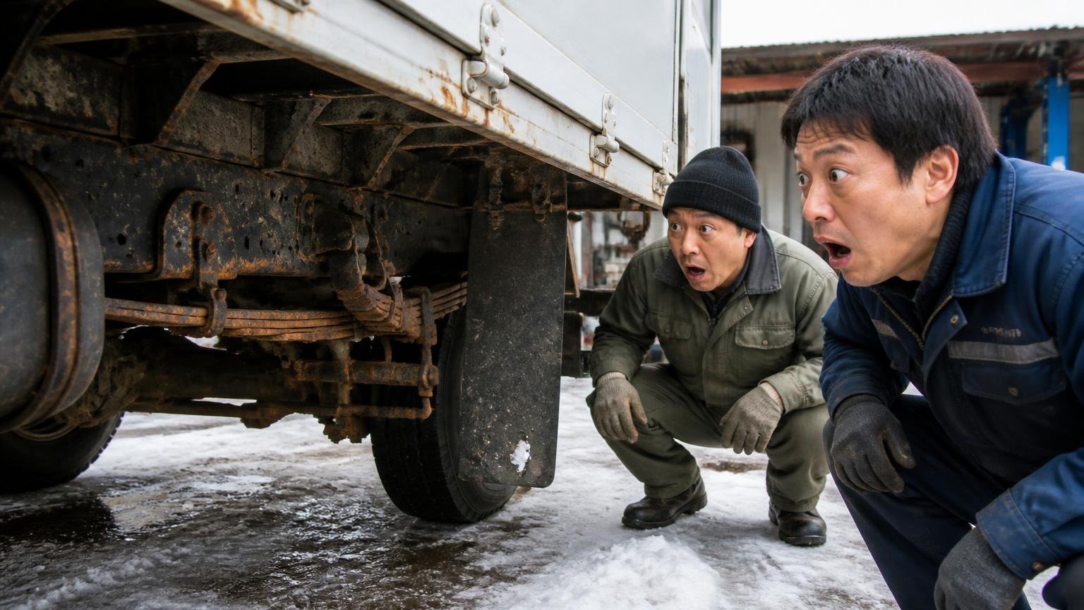 冬の道には塩がまかれる｜下回りのサビは隠さず先に伝える｜雪の残る車庫で4tトラックの下回りをのぞき込み驚く男性2人