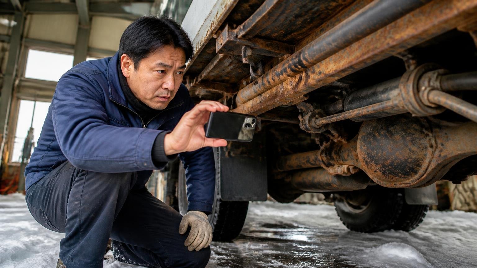 冬の道には凍結防止剤|下回りのサビは隠さず先に伝える|雪の残る車庫でトラックの下回りのサビをスマホで撮影する男性1人