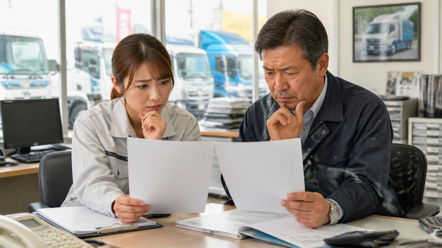 地元の専門店と全国対応の買取業者、それぞれの強み 中古トラック店の事務所で2枚の見積書を見比べて悩む女性事務員と社長