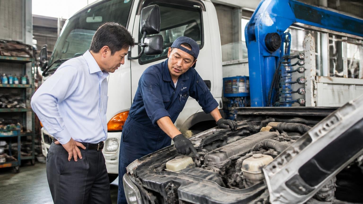 地元業者の強みは「現車を見てもらいやすく、整備や販売まで自社で行うこと」 整備工場でクレーン付きトラックを一緒に点検する整備士と持ち主の2人