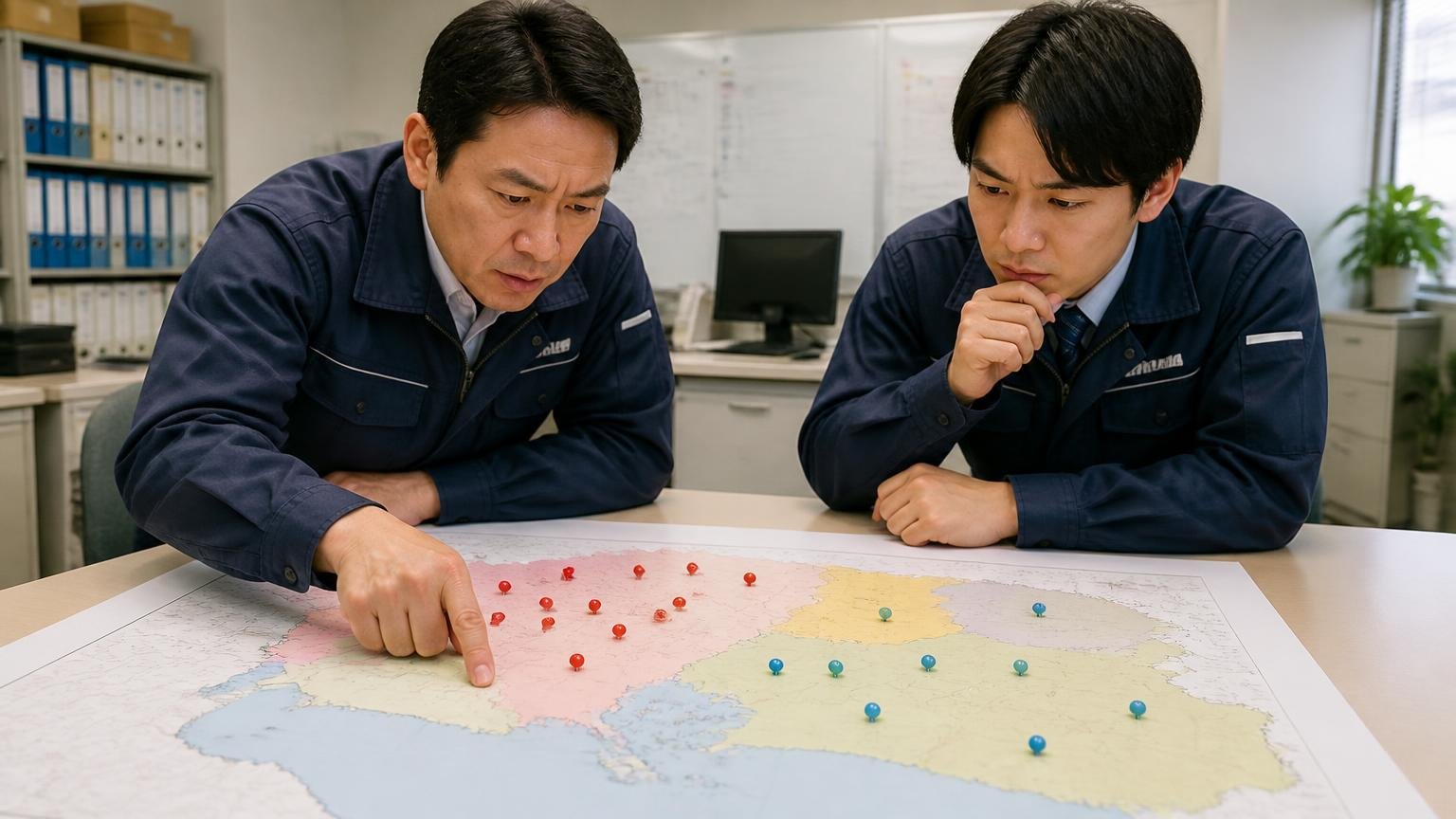 県内の買取店は海部・尾張・西三河に多く、東三河は少ない 愛知県の地図を広げた事務所で店舗の場所を確かめる運送会社の2人