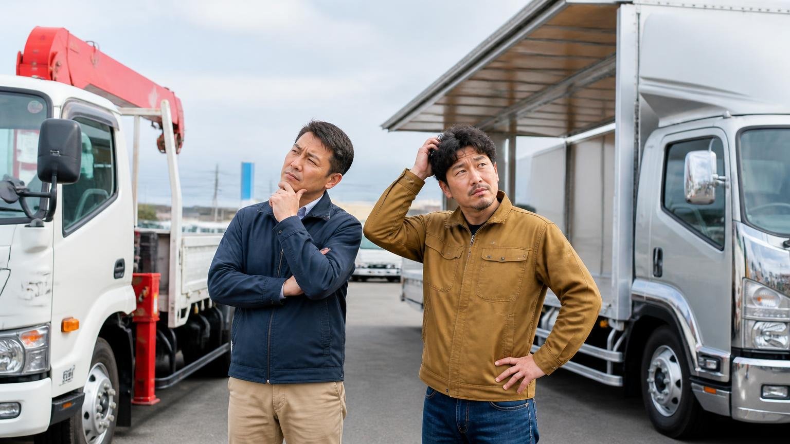 地元業者は得意な車種と「買取の進め方」がそれぞれ違う(トラック販売店の展示場でユニック車とウイング車を見比べて首をかしげる男性2人)