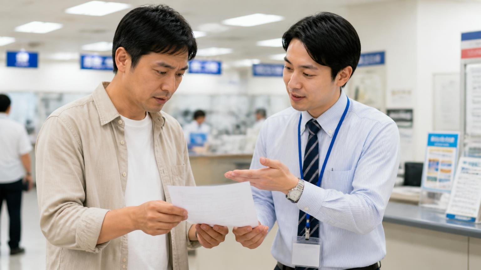 ナンバーが違っても名義変更の窓口は津市の三重運輸支局 運輸支局の登録窓口の前で書類を手に説明を聞く男性1人と職員1人