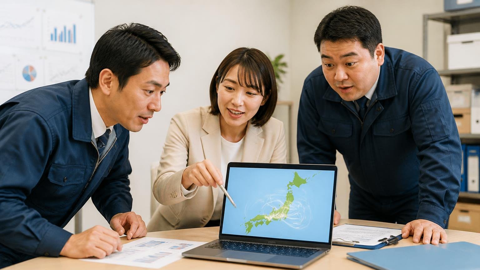 全国対応の買取業者が強い理由、事務所でノートパソコンの日本地図を囲み運送会社の社員2人が身を乗り出してうなずく