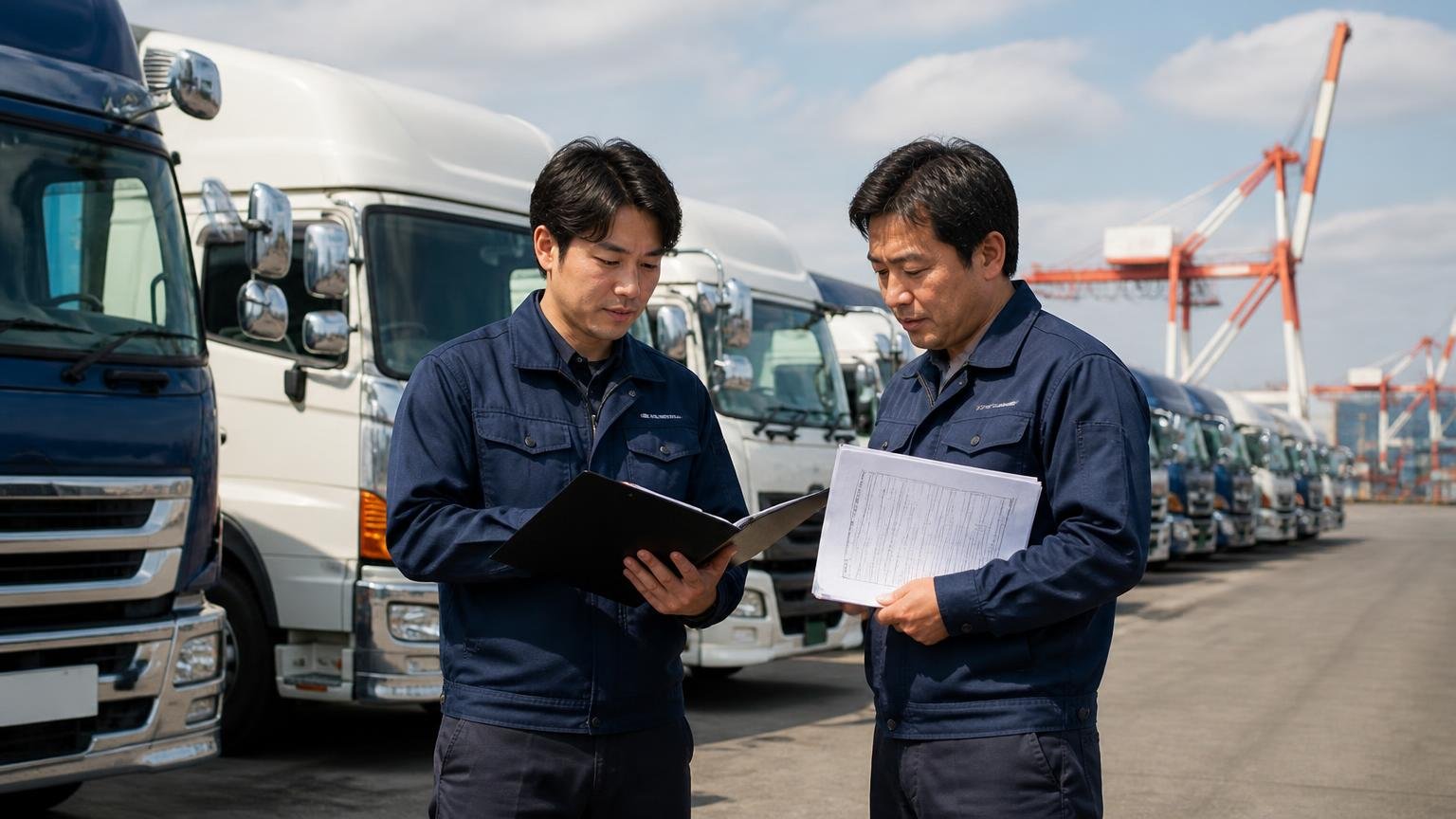 全国対応の業者の強みは「販路の広さ」と「手続きの仕組み」 港のヤードに並ぶ中古トラックの前で、査定員2人が書類を確認し合う場面