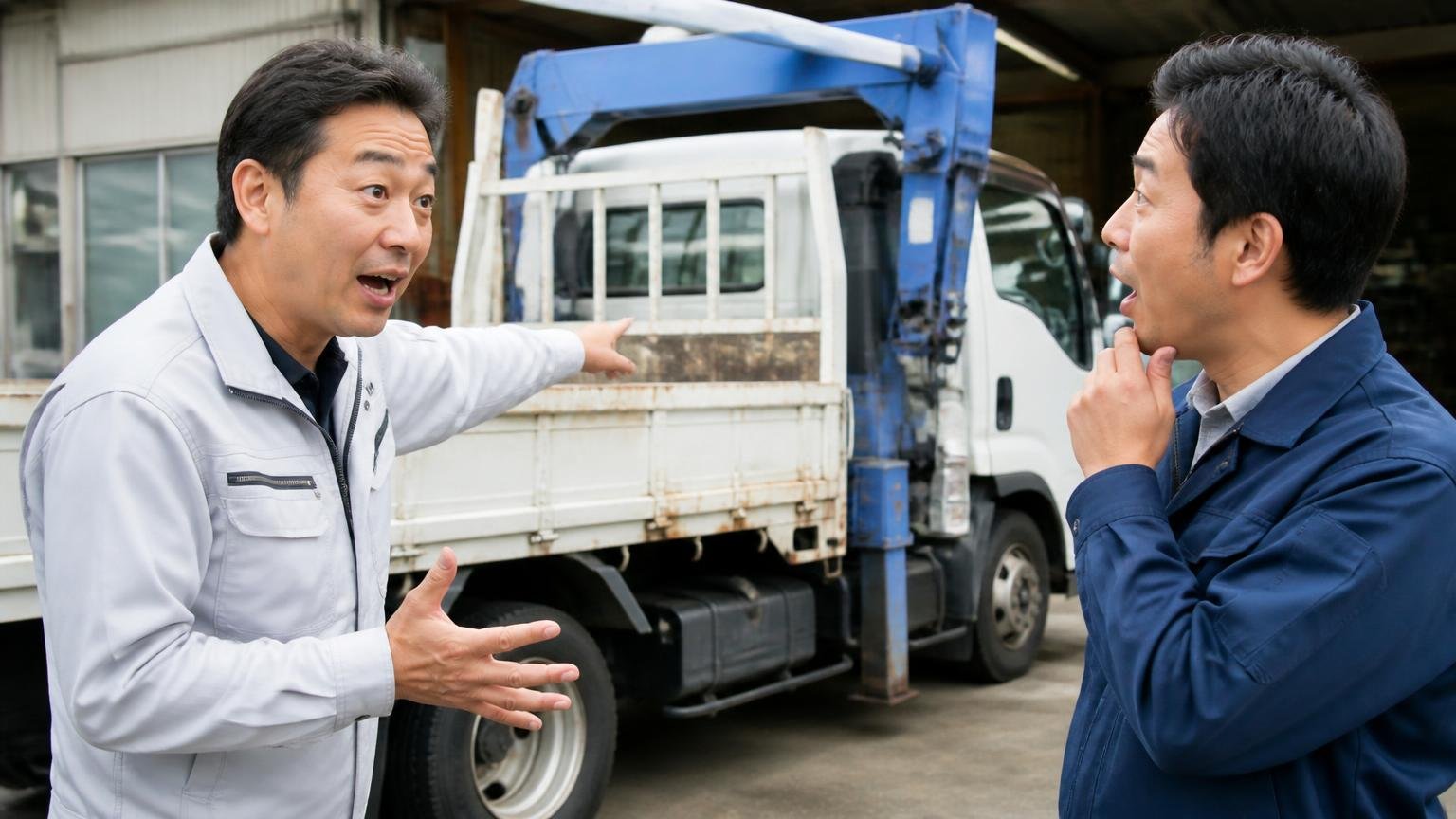 自分のトラックの種類・状態に強い業者を選ぶ、車庫のクレーン付きトラックの前で荷台を指さして熱く語る男性2人