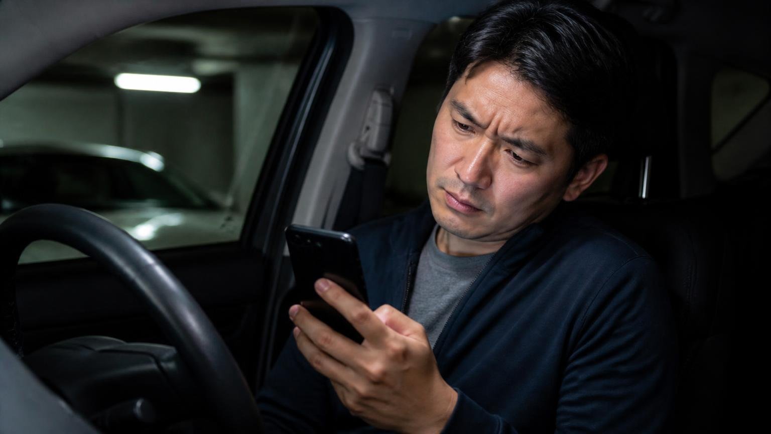 悪い口コミ★1と★2の中身を確認したら本文なしだった、夜の車庫でスマホを見つめる運転席、男性1人、画面をのぞき込んで首をかしげる