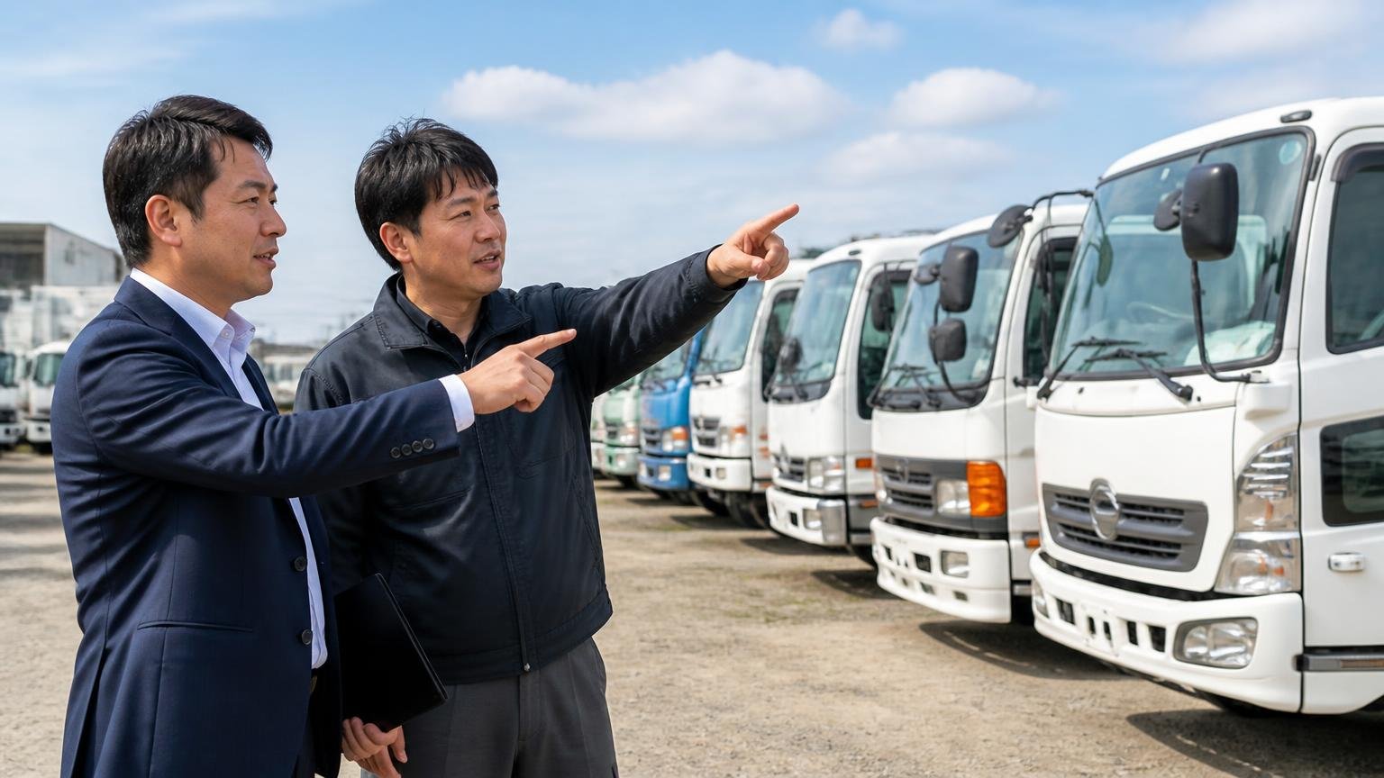エネトラは2019年開始で年間3000台を査定。ヤードに並ぶ中古トラックの前で指をさす男性2人
