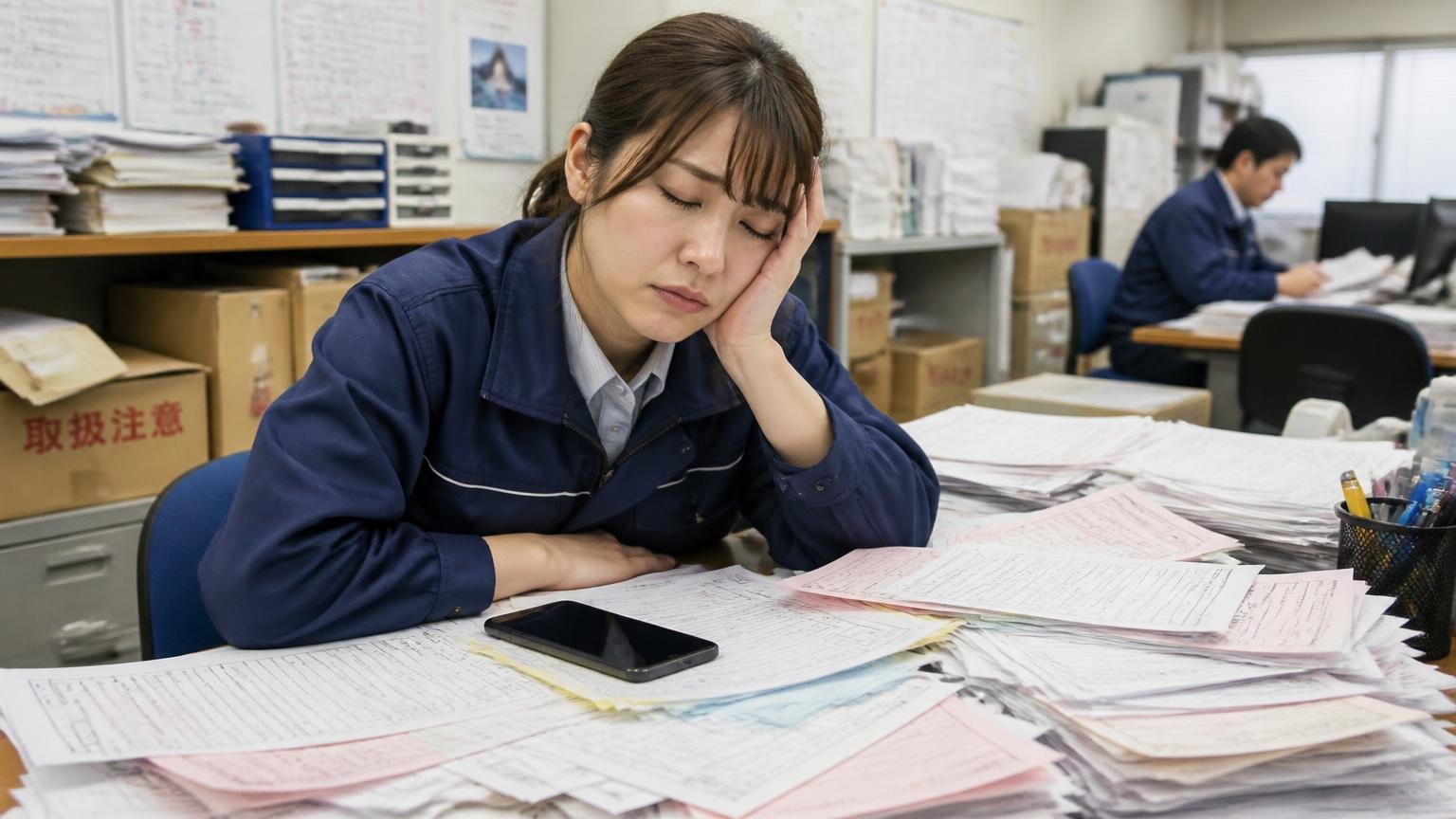 レビューが集まりにくい構造。運送会社の事務所で、伝票の山の前に座る女性がスマホを置いてため息をつく