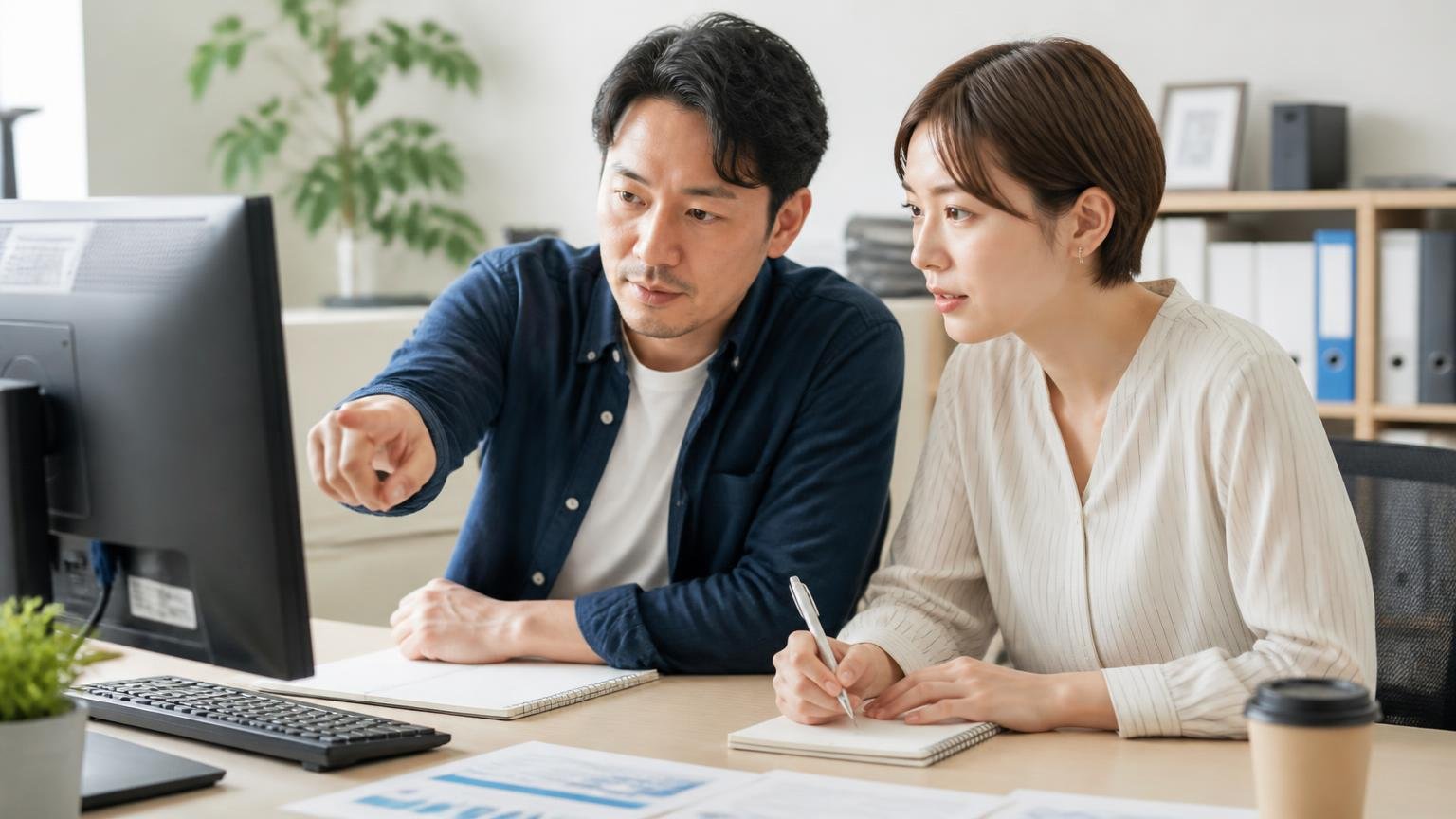 公式サイトの書いてあることと書いていないことを分けて読む 事務所でパソコン画面を指さして確認する場面 男女2人 メモを取る